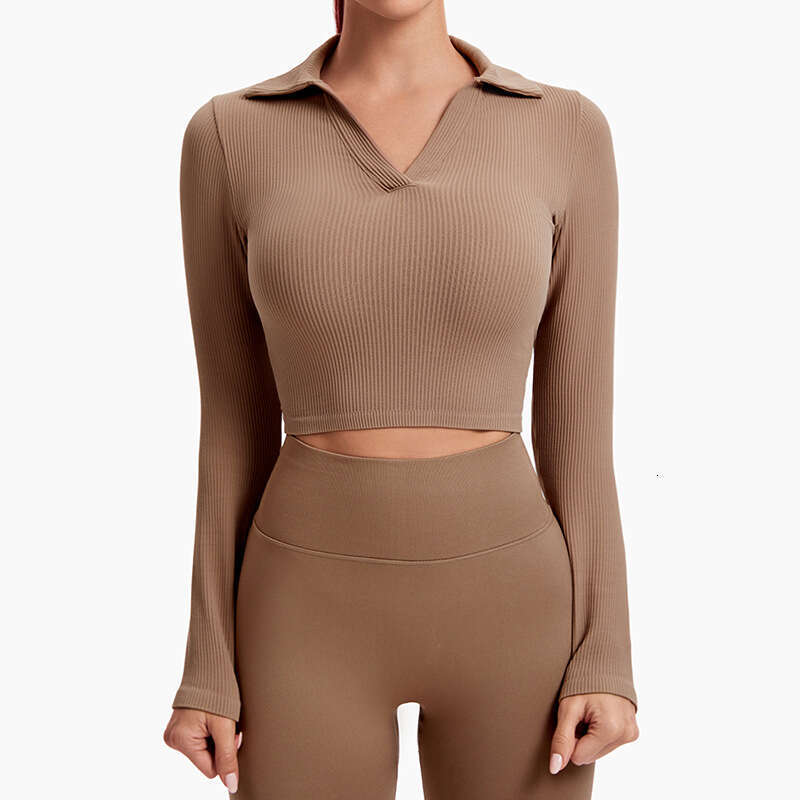 Sexy body shaping V-neck slimming polo shirt for women, slim fit sports yoga outfit, top with high elasticity and quick drying thread, long sleeves