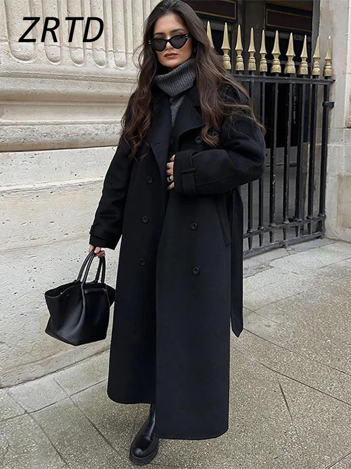 Street Womens Woolen Overcoat With Belt Loose Lapel Double Breasted Full Sleeve Long Coats 2024 Autumn Winter Lady Trench Coat 241121