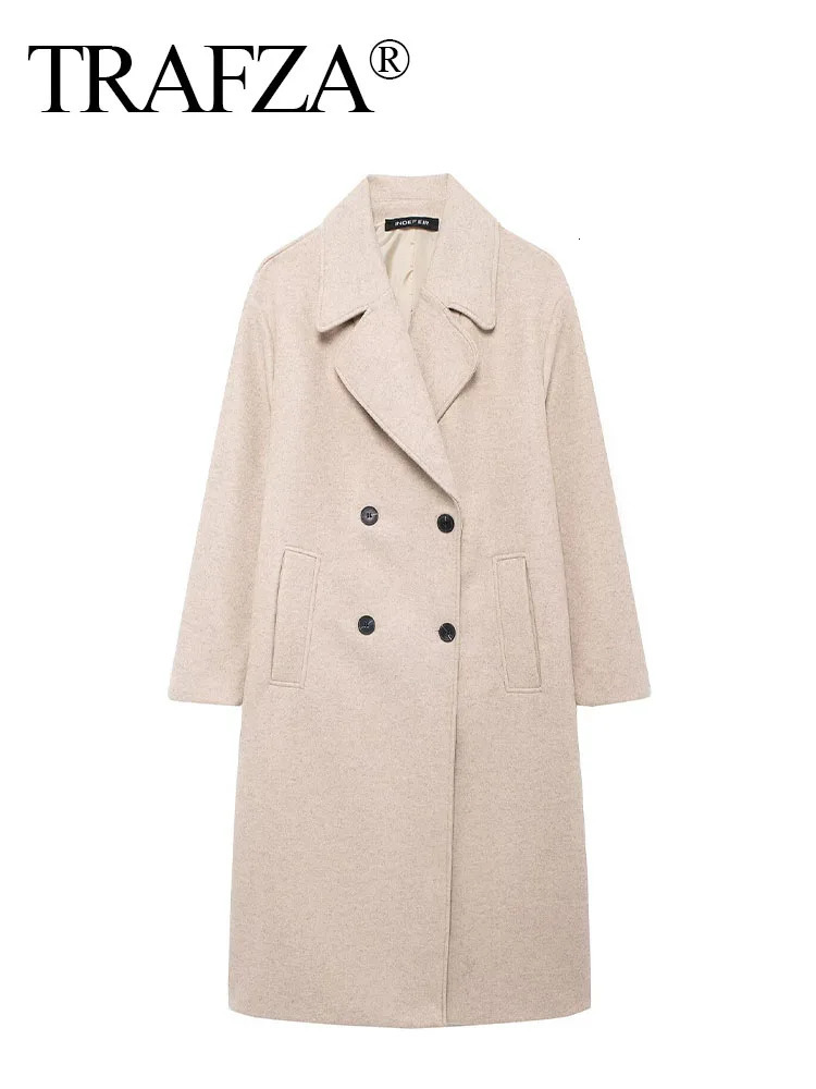 TRAFZA Woman Winter Warm Long Outwear Chic Elegant Women Solid Grey Sleeve Pockets Double Breasted Woolen Coat 2024 241121