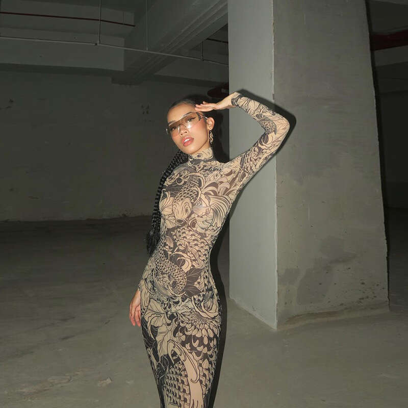 Women's 2024 Spring/Summer New Fashionable and Personalized Mesh Print Perspective High Neck Slimming Dress