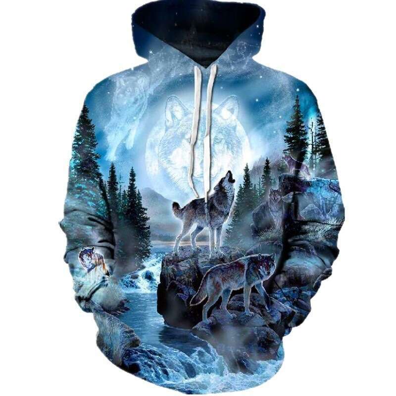 New men's autumn long sleeved European and American street round neck sweatshirt, 3D wolf print casual sweatshirt for men