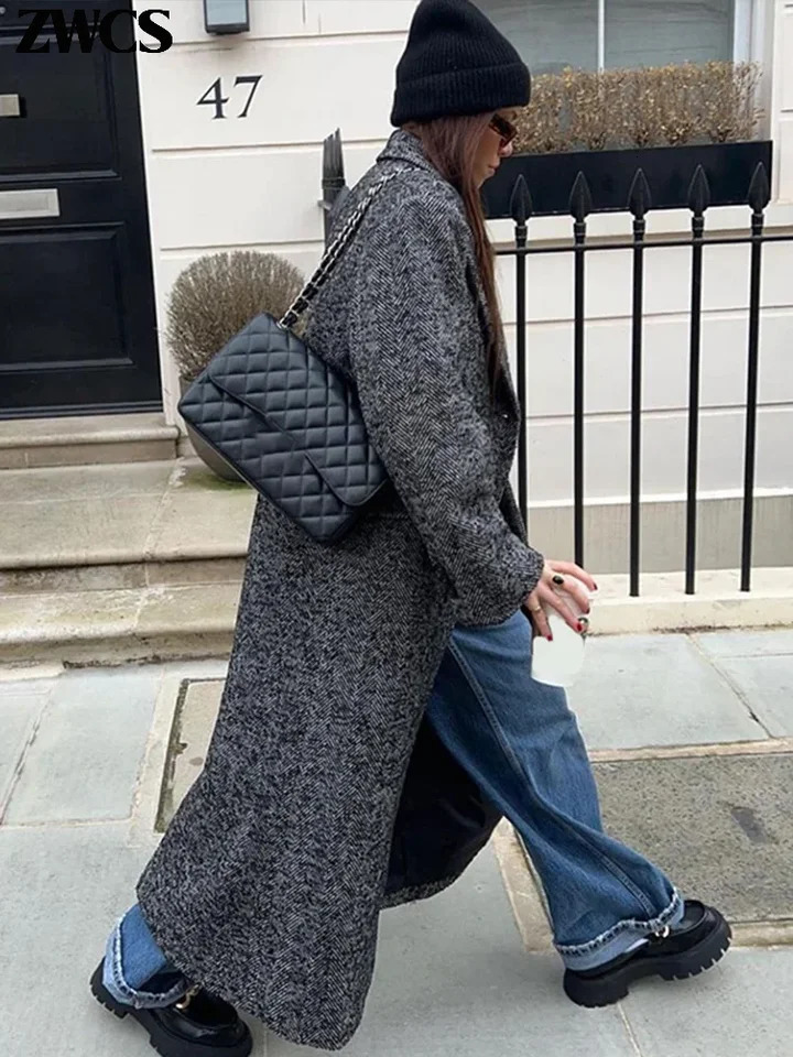 Street Ribbed Woolen Long Coat Women Elegant Double Breasted Lapel Full Sleeve Overcoat 2024 Autumn Winter Lady Chic Outwear 241121