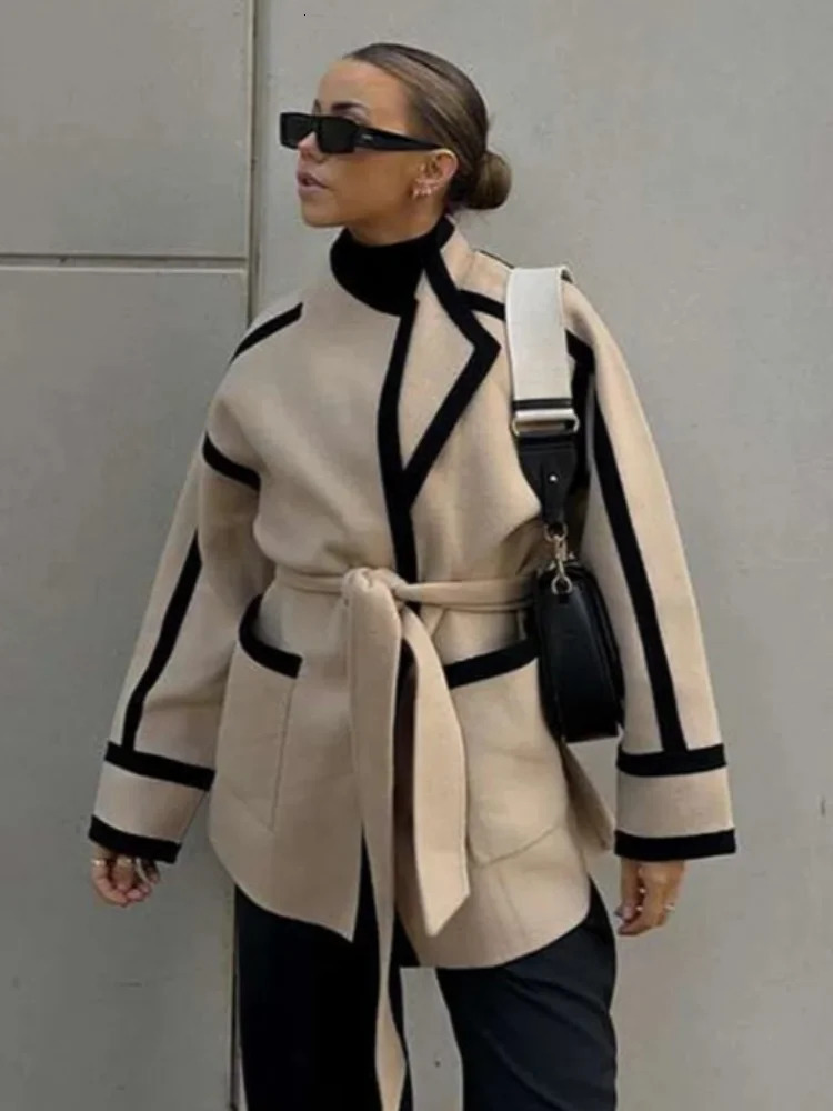 Casual Lace Up Womens Coat Cardigan Long Sleeve Winter Outerwears Fashion High Street Elegant Warm Jacket Female Commut Coats 241121