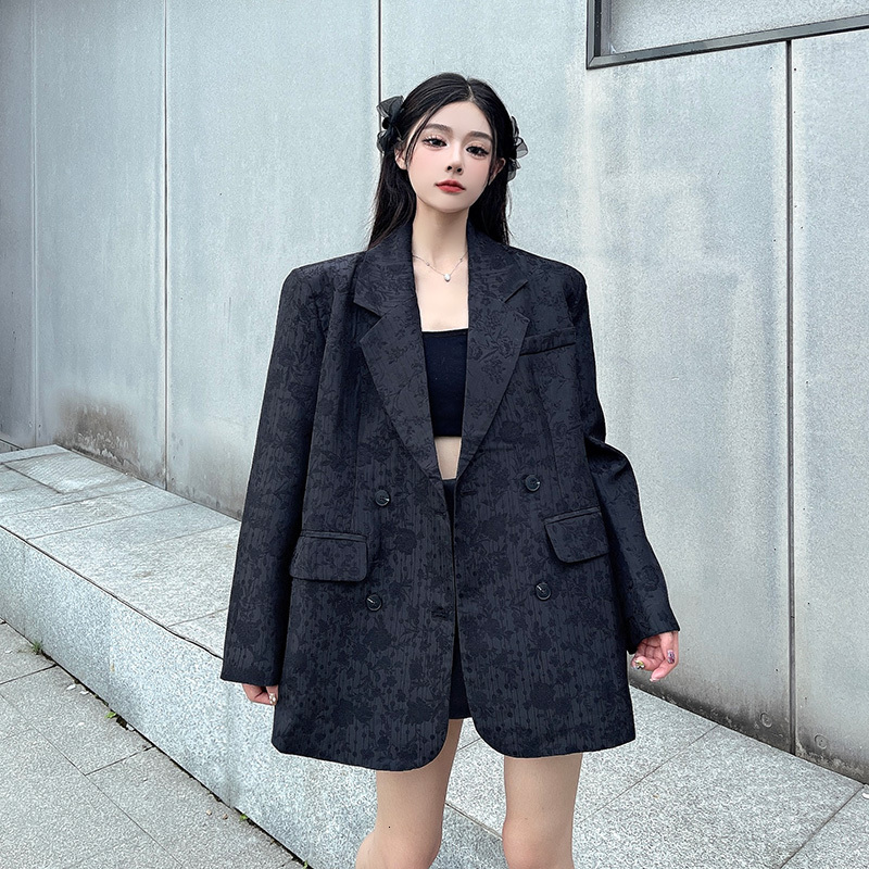 High-End Jacquard Black Blazer Women's Autumn Temperament Double-Breasted Suit Traf 2024 New Tweed Jaqueta Feminina