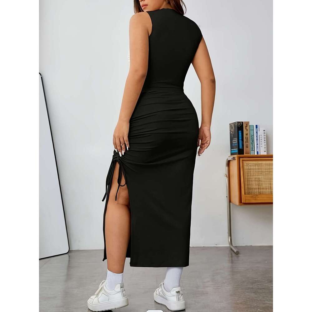 Large solid pleated two-piece set, round neck vest and slit skirt, women's plus size clothing