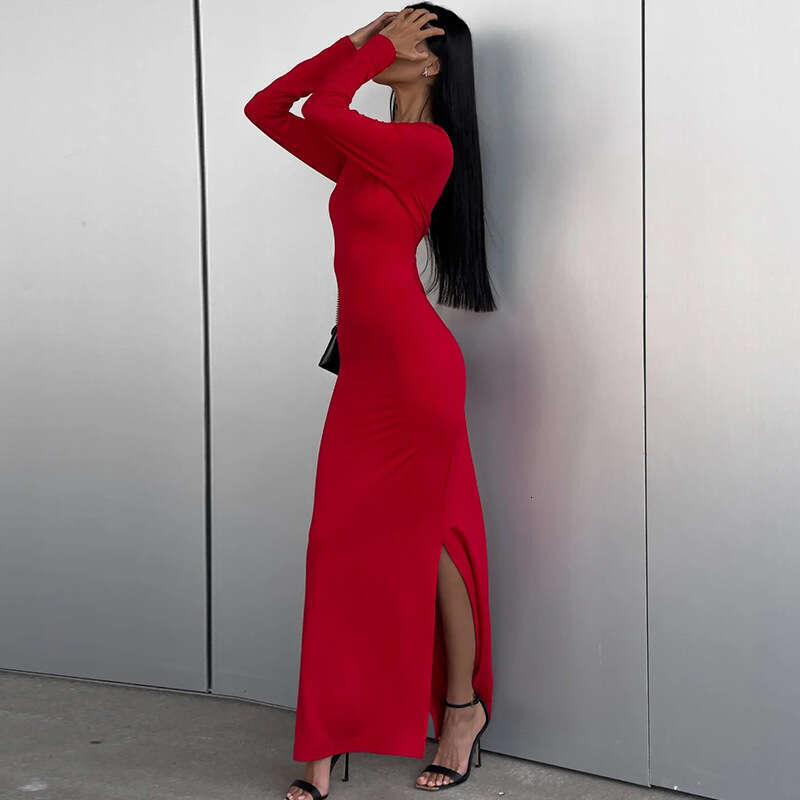 Women's 2024 Spring/Summer New Solid Color Long sleeved Waist Wrap Hip Split Dress Children's Vacation Style