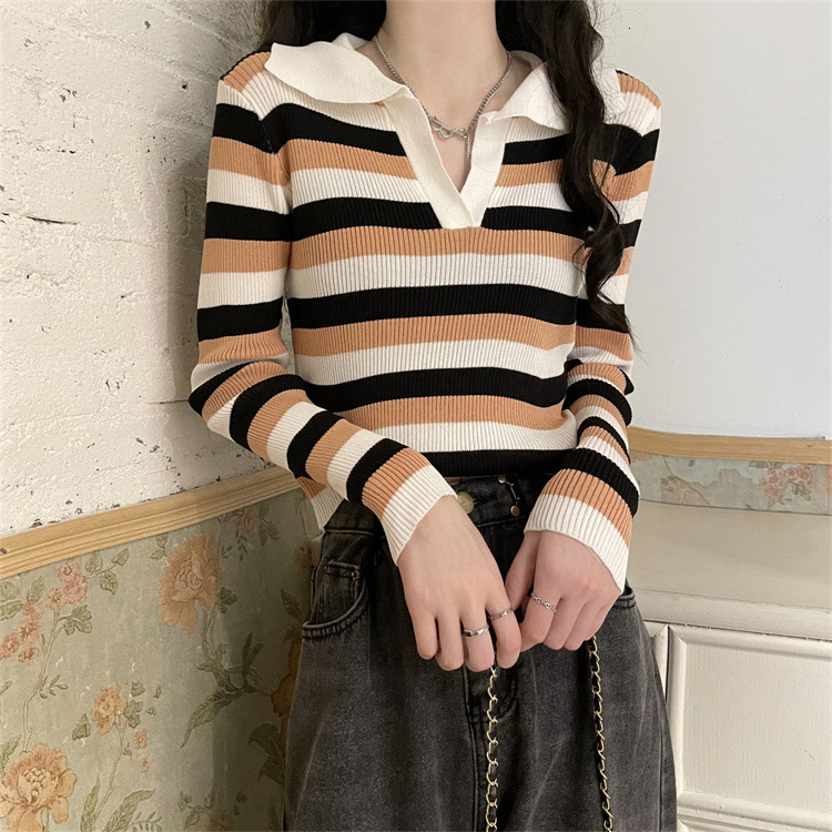 Winter Internet celebrity new stripe lapel long sleeve T-shirt knitted sweater designer women's fashionable chic top