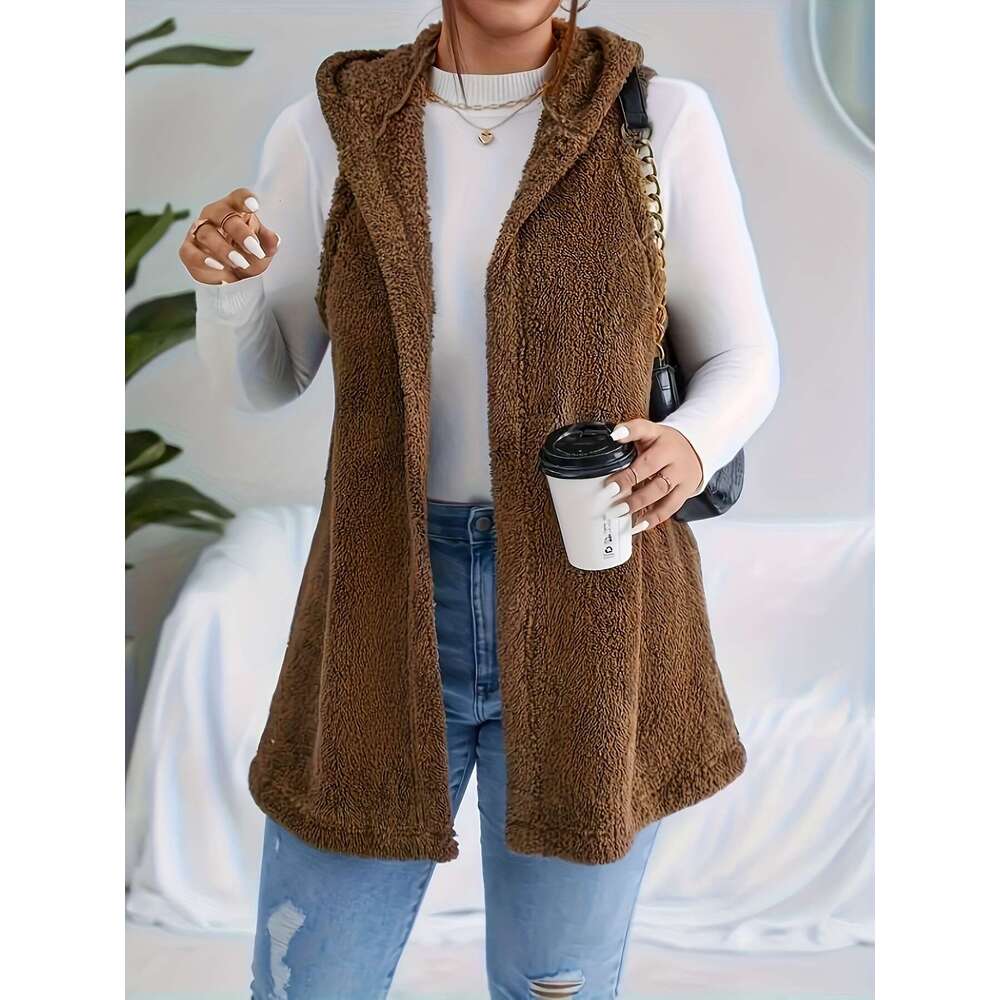 Plus solid color plush open top vest elegant warm hooded sleeveless jacket, suitable for autumn and winter, women's plus size clothing
