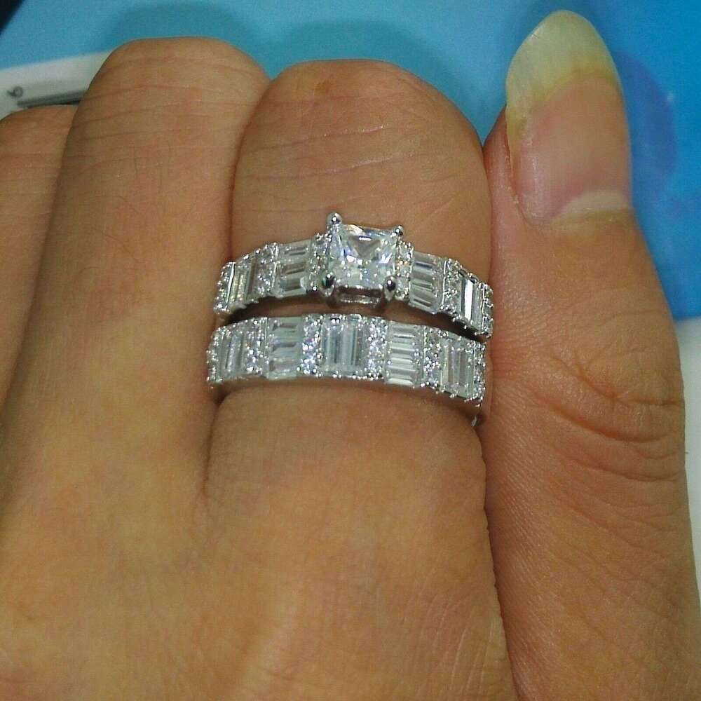 Victoria Wieck Brand Desgin Fashion Jewelry 10KT White Gold Filled Princess Topaz CZ Dia Gemstone Women Wedding Bridal Couple Ring Set