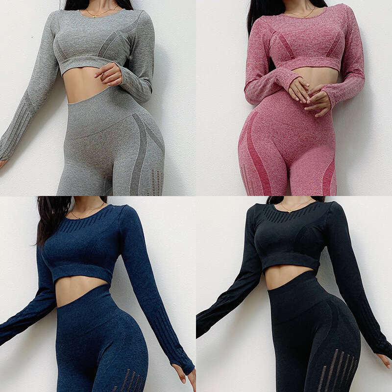 European American peach hip yoga suit set for women's autumn and winter long sleeved seamless high waisted tight fitting breathable fiess sportsw