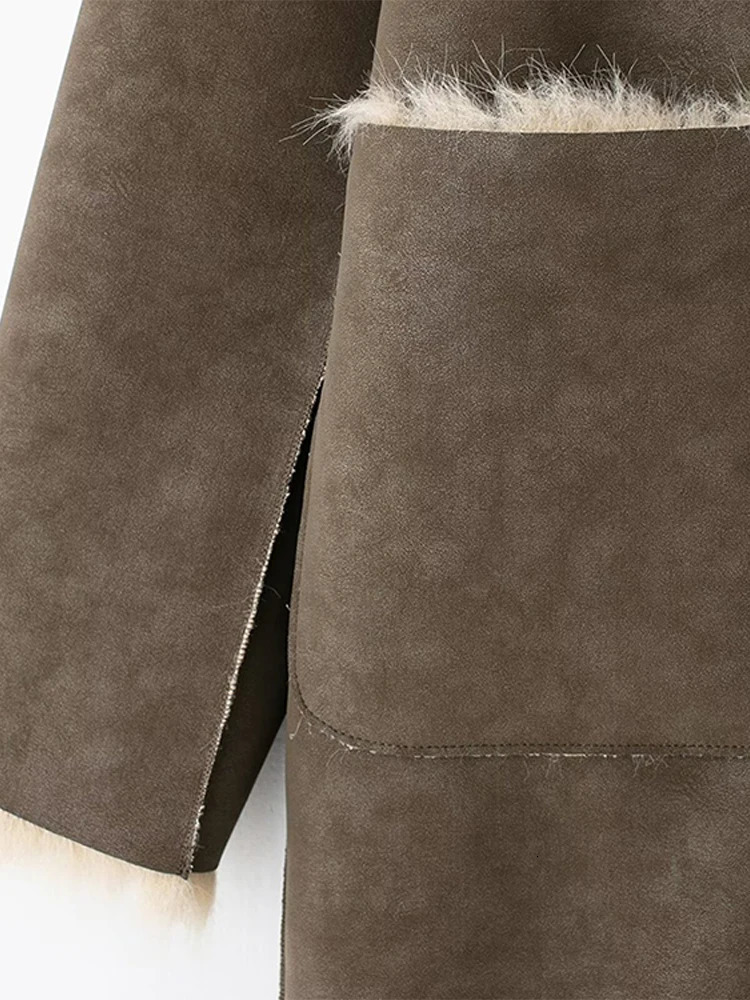 Double Sided Woolen Long Coat Fur Leather Patchwork Warm Thicken Lapel Wear On Both Sides Overcoat Women Fluffy Outwear Top 241121