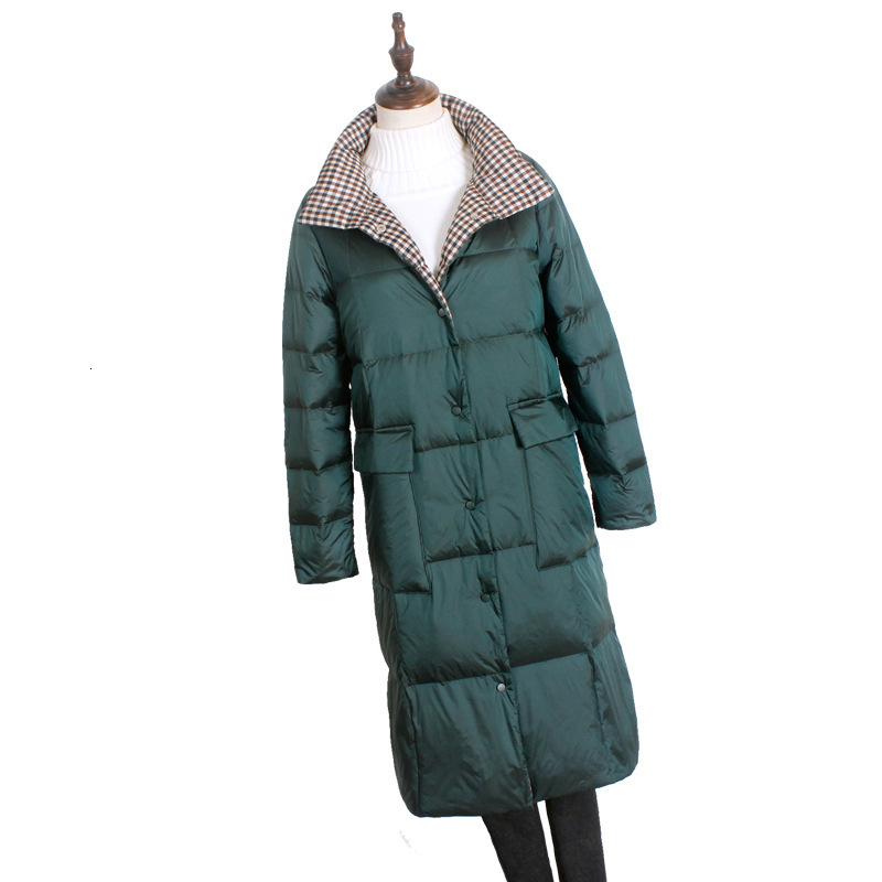 Down jacket, female trend designer, autumn and winter new styles, fashionable personality, large pocket, mid length, over the knee, Thousand Bird grid