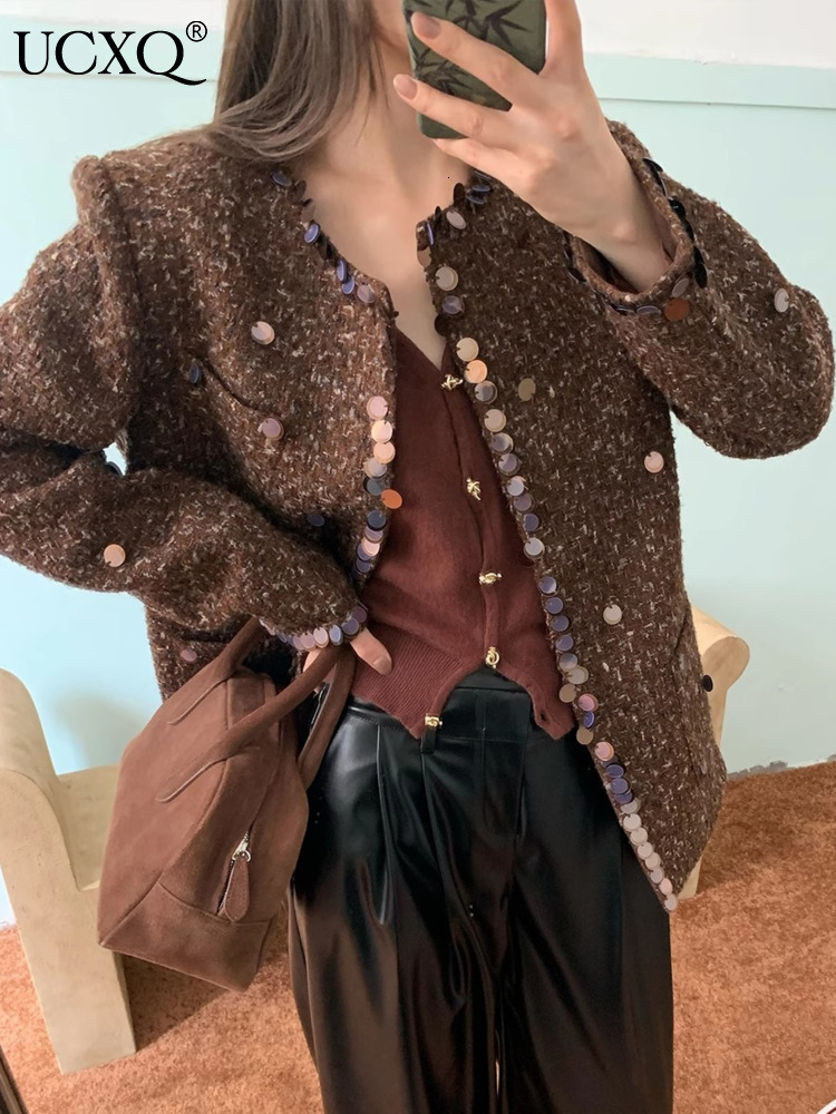 UCXQ Fashion Tweed Jacket Korean Style O Neck Sequin Splicing Cardigan All-Match Woven Woolen Coat Women 2024 Spring Autumn 1384