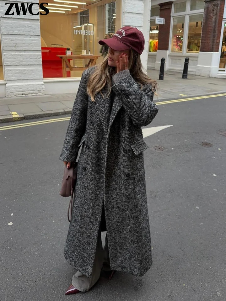 Street Ribbed Woolen Long Coat Women Elegant Double Breasted Lapel Full Sleeve Overcoat 2024 Autumn Winter Lady Chic Outwear 241121