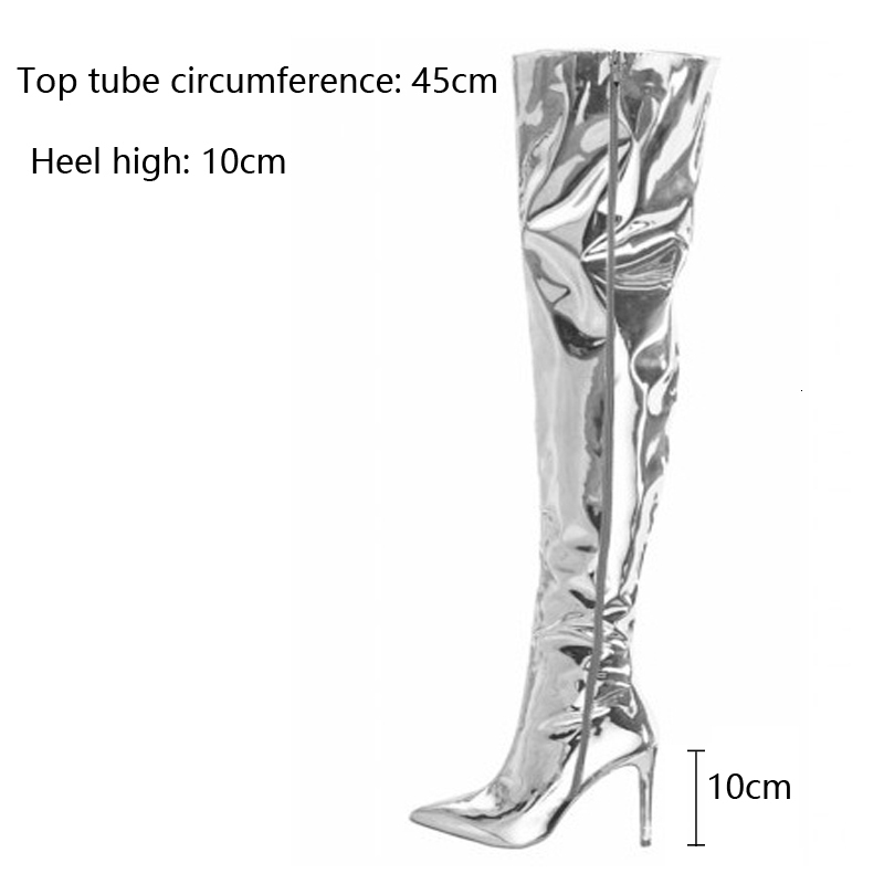Women Mirror Platform Pointy Toe High Thin Heels Over The Knee Long Boots Autumn Winter Zip Sier Casual Party Shoes New