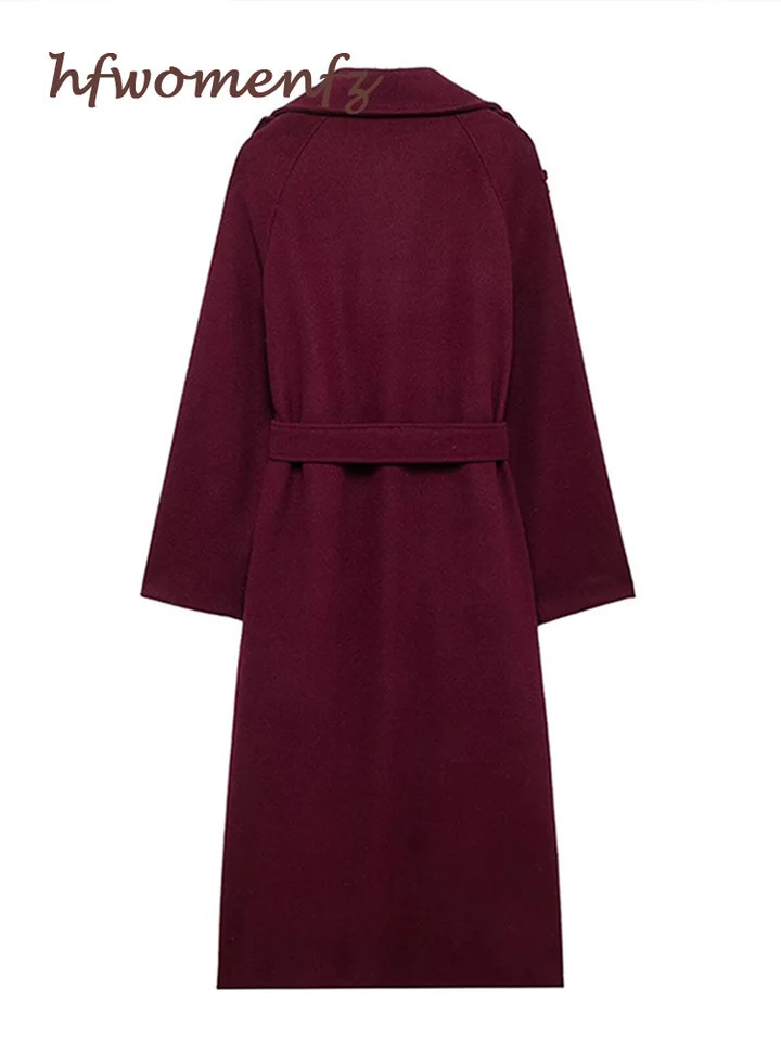 Elegant Burgundy Oversize Lapel Overcoat Women With Belt Wool Blend Double Breasted Long Sleeve Coat 2024 Autumn Commute Outwear 241121