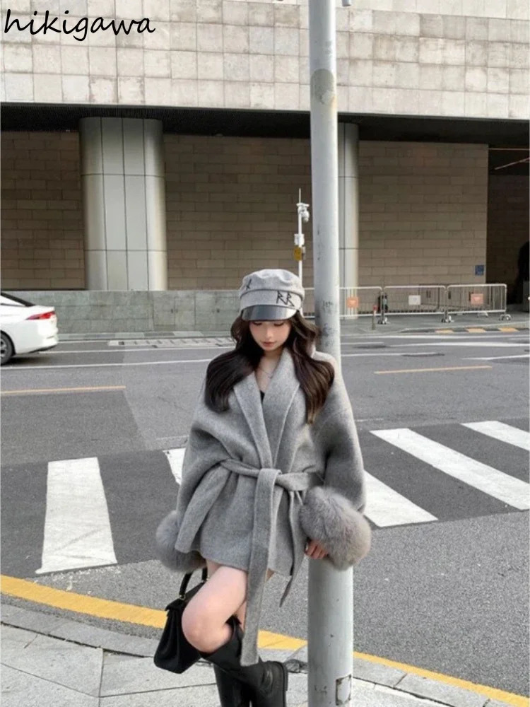 Fashion Coats for Women Patchwork Furry Long Sleeve Bandage Outwear Korean Y2k Clothing Temperament Solid Color Jackets 241121