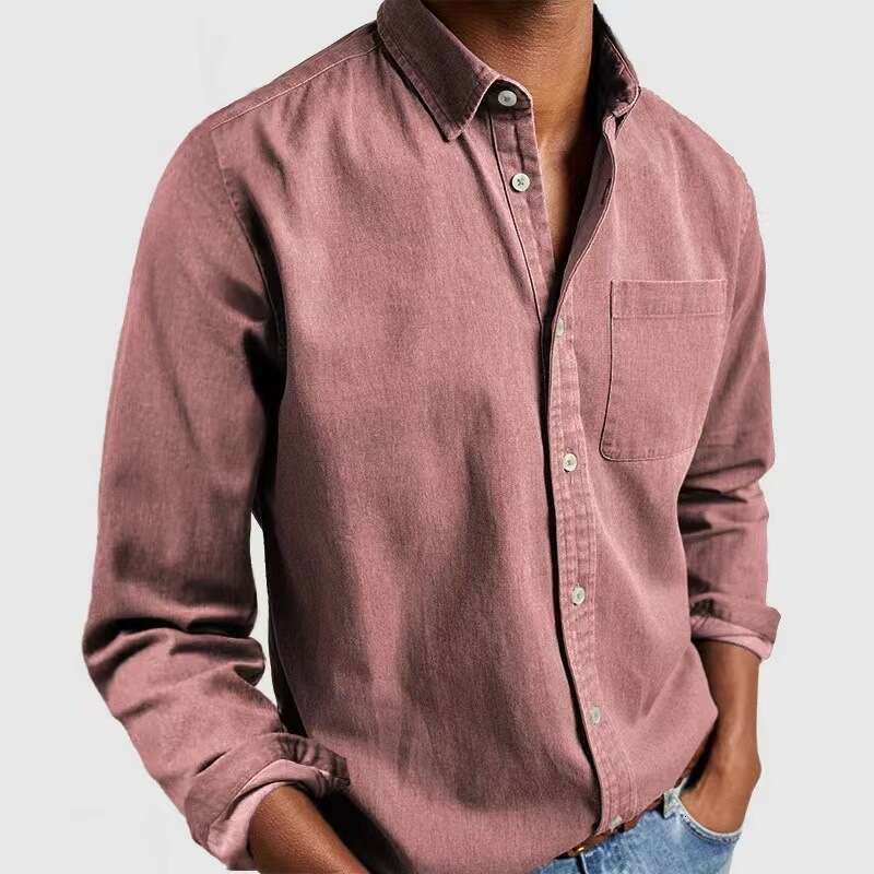 European and American popular imitation denim Oxford retro men's long sleeved shirt 2024 temperament versatile new trend clothing ins