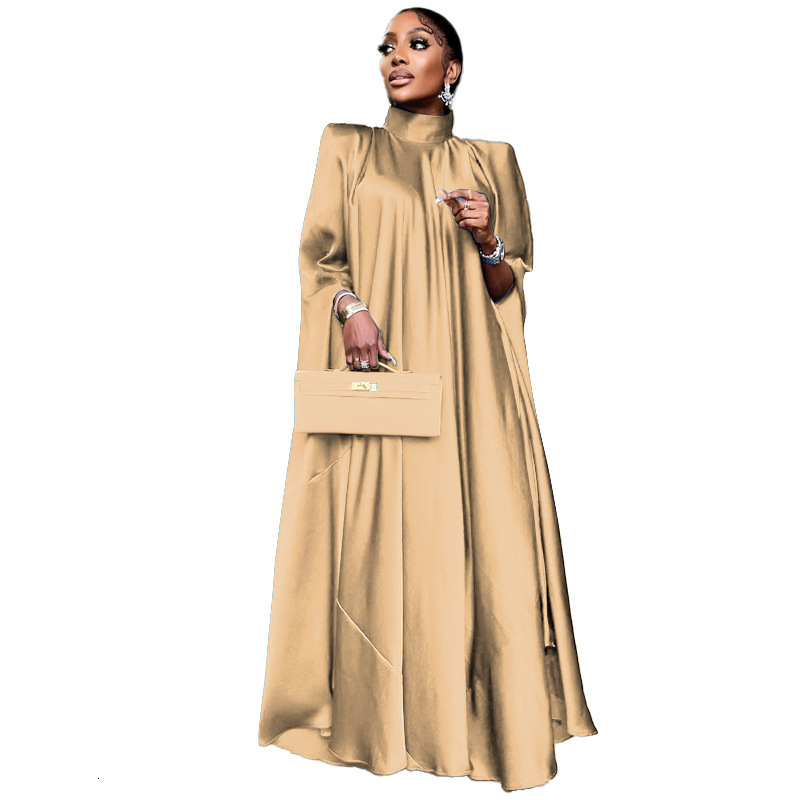 Ethnic clothing Muslim women's high neck loose Middle Eastern robe satin solid color simple basic dress
