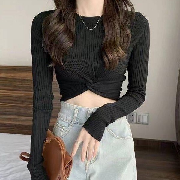 New Korean version women's cross long sleeved T-shirt knitted sweater design sense designer niche slim fit short top