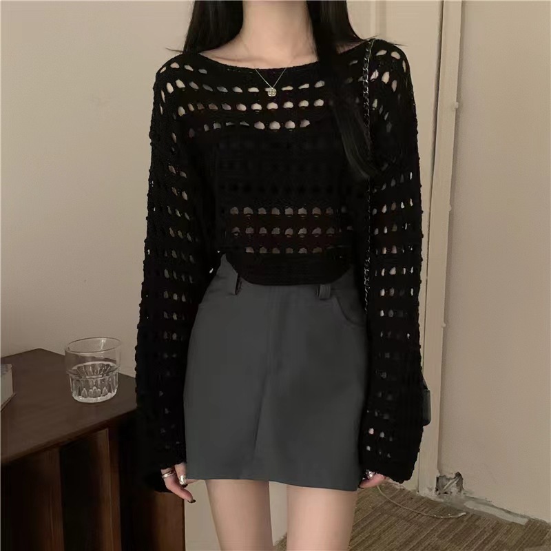 New loose and lazy style solid color top shirt for early autumn, Korean hollow knit designer women's sweater