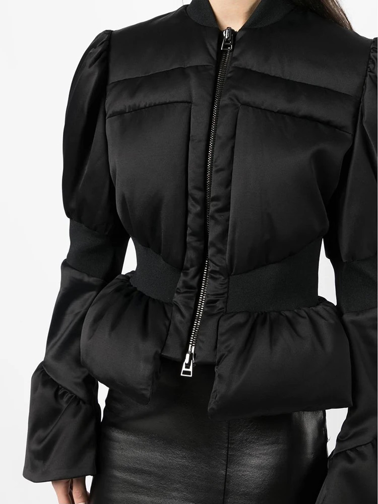 DEAT Fashion Womens Cottonpadded Coat Stand Neck Flare Sleeves Zip Waist Black Quilting Short Jackets Winter 2024 7AB299 241125