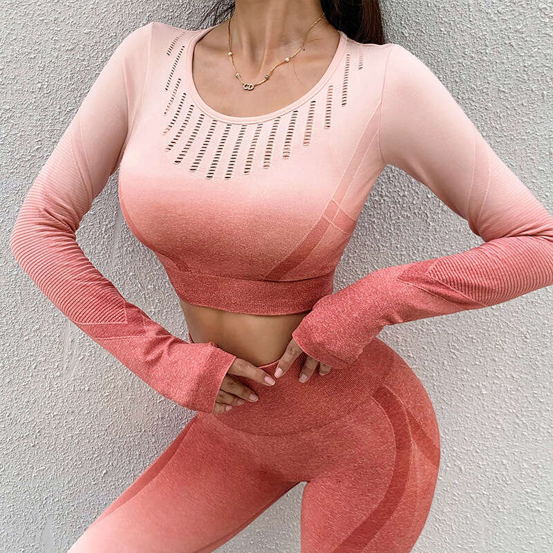 European and American yoga clothing top for women, seamless knitting, tight fitting, professional dance, fiess, sports, long sleeves