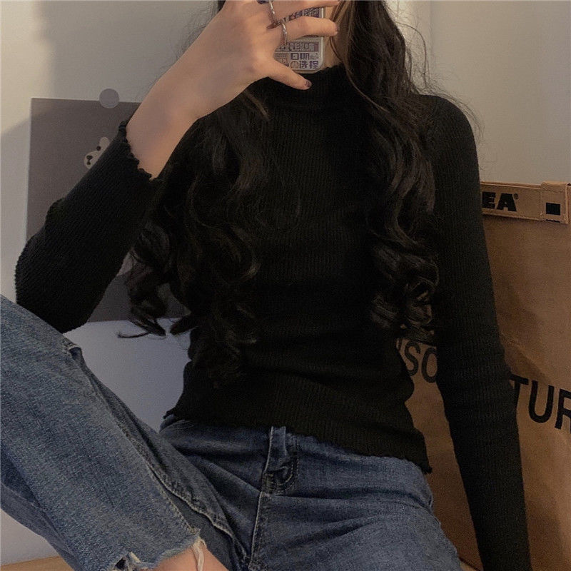 Autumn and Winter New Lace Sweater Half High Collar Knitted Top Slimming Black Bottom Shirt Mushroom Edge Designer Women's Interior