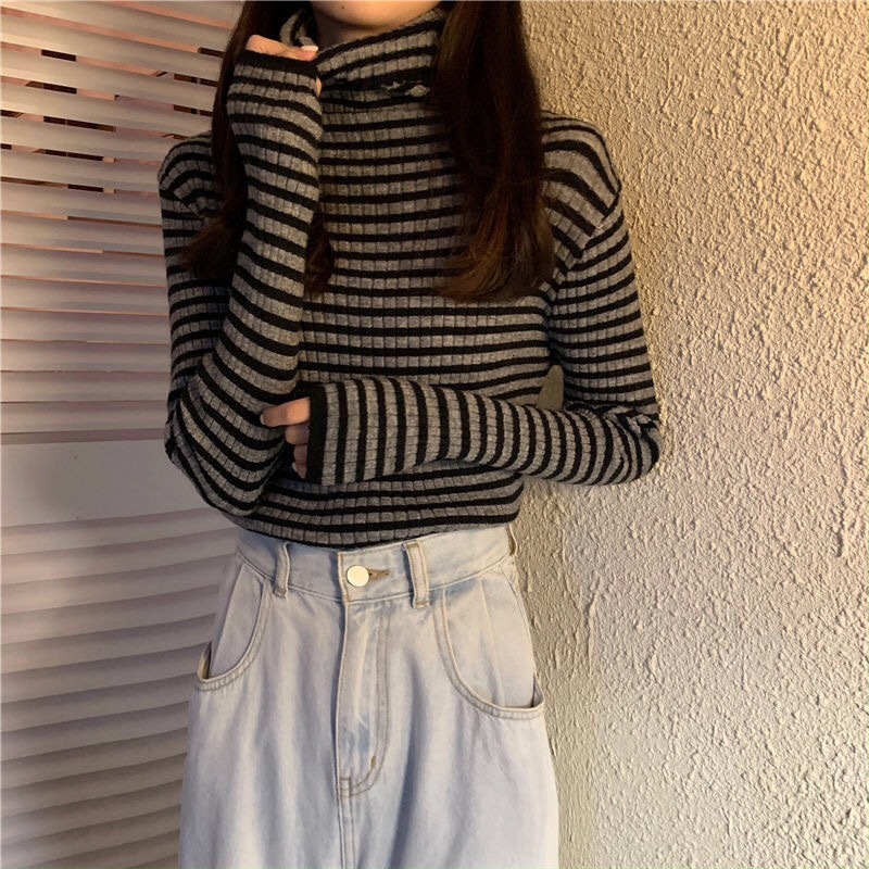 New autumn and winter striped women's shirt stand up collar slim fit fleece knitted sweater high elasticity designer warm vest