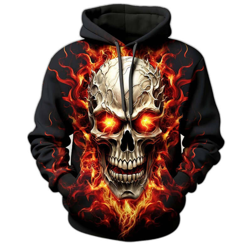 2024 Spring Autumn New European and American 3D Digital Printed Flame Skull Casual Hoodie