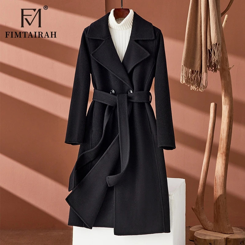 Fimtairah Doublesided 100 Wool Coat Womens midlength 2024 black style Korean version over the knee pure wool coat 241121
