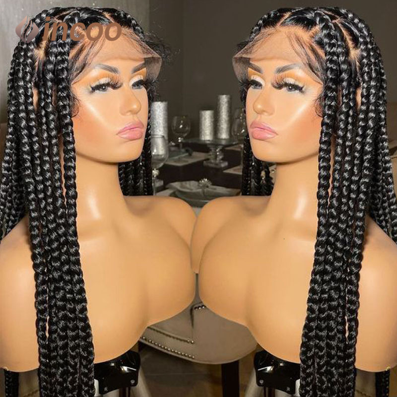 36" Full Synthetic Long Braided Wigs With Baby Hair 360 Lace Front Box Braids Black Mix Bury Wig