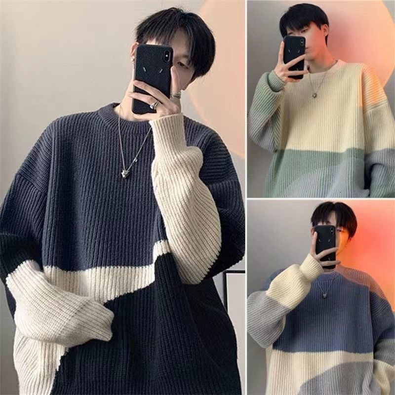 New striped color blocked men's autumn and winter round neck knitted sweater designer winter sweater trend hoodie