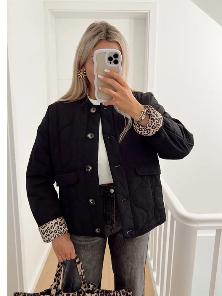 Fashion Lady O Neck Leopard Print Lined Short Jacket Elegant Woman Single Breasted Solid Color Coat 2024 Outerwear 241120