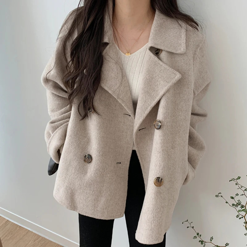 Autumn Winter Double Breasted Woolen Coat Women Korean Style Turn Down Collar Wool Jacket Woman Solid Colort Thick Coats Ladies 241121