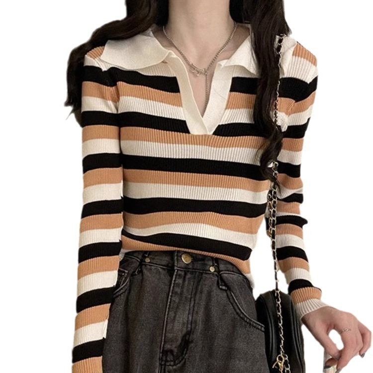 Winter Internet celebrity new stripe lapel long sleeve T-shirt knitted sweater designer women's fashionable chic top