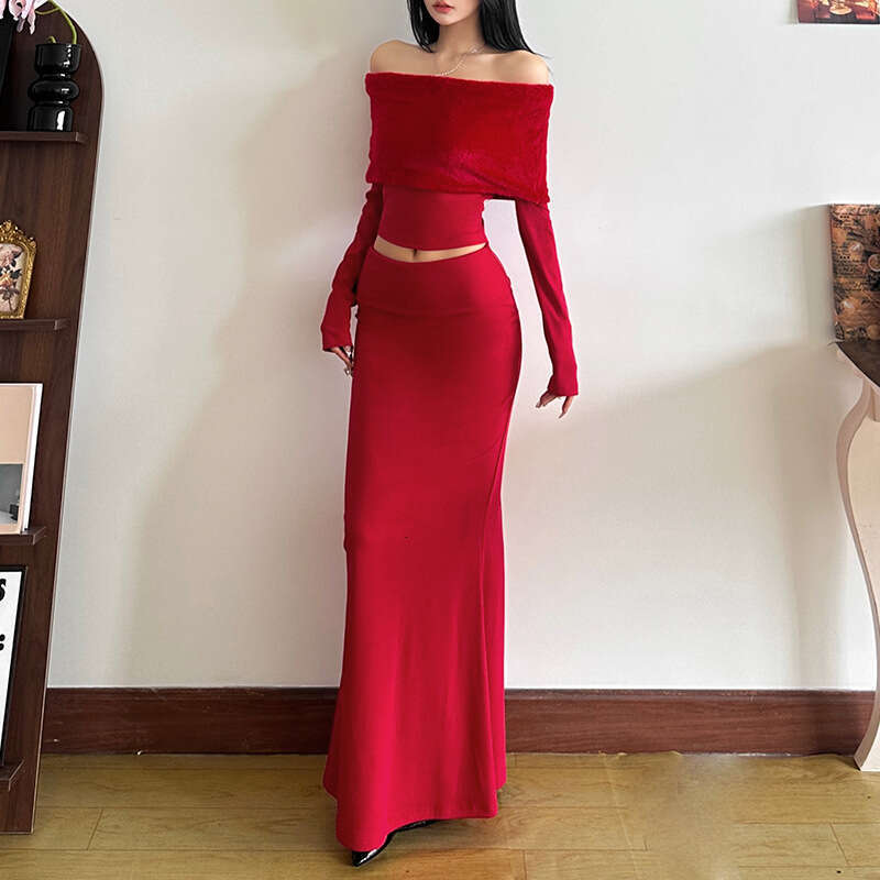 2024 Autumn/Winter New Women's Fashion Sexy One Collar Open Umbilical Long Sleeve Top with Temperament, Slimming and Hip hugging Skirt