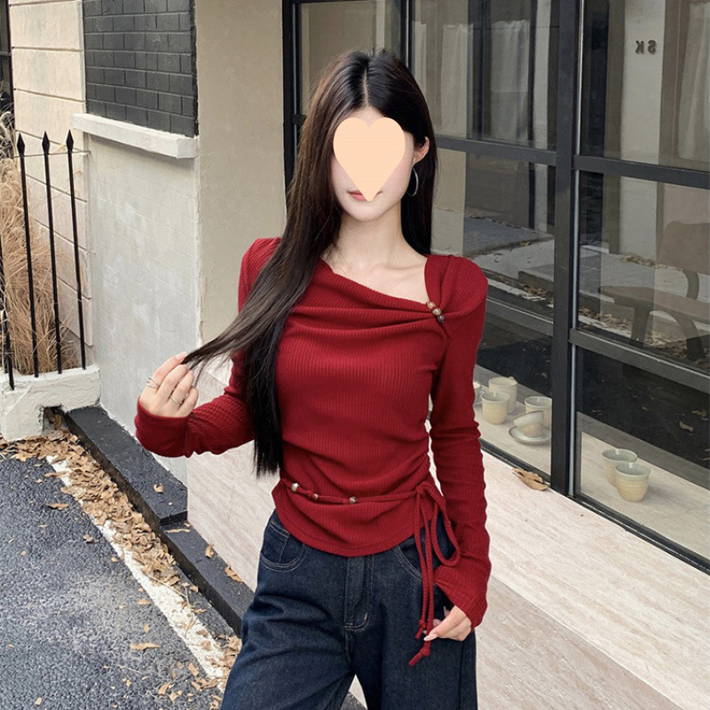 New Angola Red Bead Long Sleeve Knitted Women's Early Autumn New Tie up Folding Slim Fit Top Slant Shoulder Designer Sweater