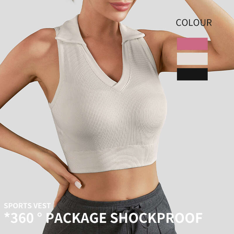 New one-piece sport ribbed top, breathable bra, lapel, sports knit yoga suit