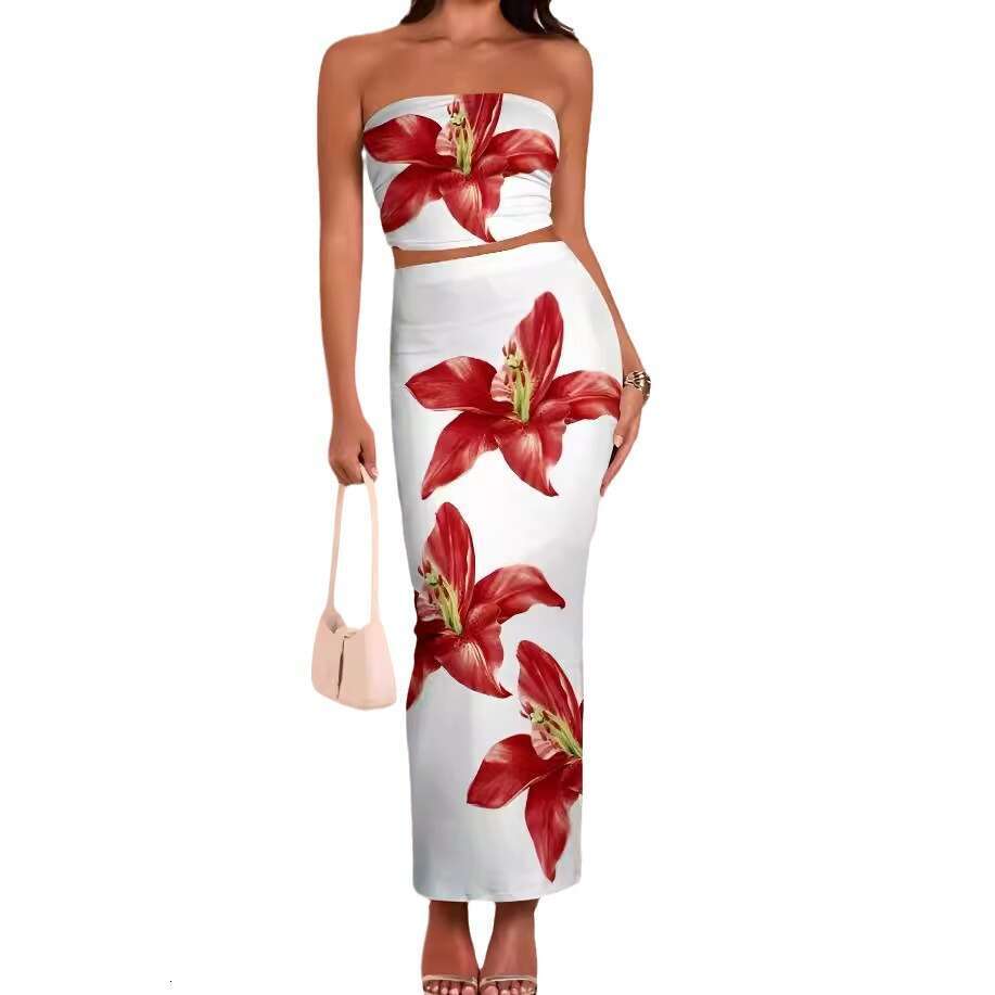 2024 Fashion Flower Printed Multi Color Temperament Slimming Set with Skirt Mask and Hip Wrap
