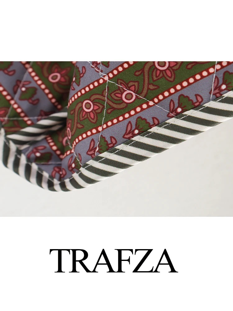 TRAFZA Vintage Womens Print Patchwork Cotton Jacket 2024 Quilted Long Sleeve Loose Short Warm Coat Autumn Winter Female Outwear 241120