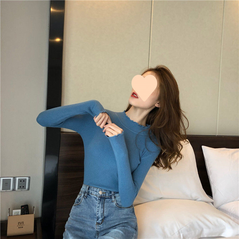 Autumn and Winter New Lace Sweater Half High Collar Knitted Top Slimming Black Bottom Shirt Mushroom Edge Designer Women's Interior