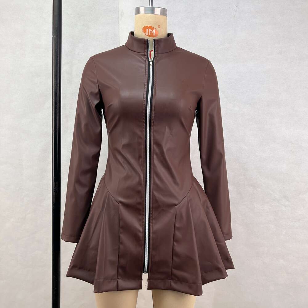 Women's fashion slim fit long sleeved pleated skirt PU leather zipper dress