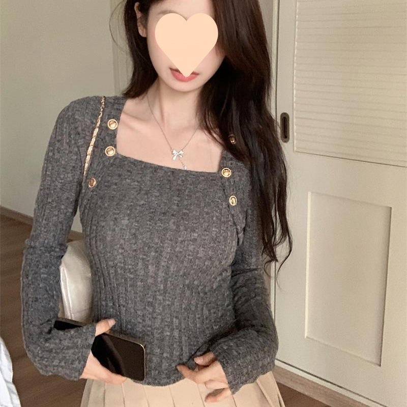 Winter new French square collar long sleeved women's knitted sweater high-end slim fit short fashion top designer sweater