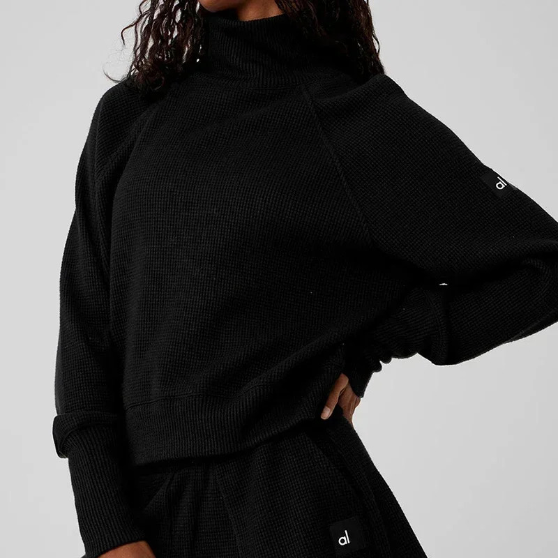 2024 Yoga Jogger Set Waffle Weekend Escape Mock Neck Long Sleeve Solid Color Casual Fashion Shirt
