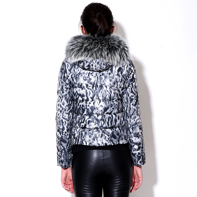 Designer leopard print for women, slim thick, warm and fur collar, hooded white duck down jacket