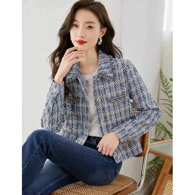 Vimly Plaid Tweed Cropped Jacket For Women 2024 Spring Patch Denim Design Elegant Fashion Lady Short Coat Female Outerwear Q101