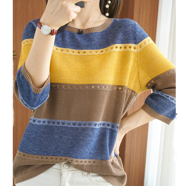 New round neck colored pullover sweater, knitted sweater for women, Korean version, loose fit, hollow T-shirt, seven quarter sleeve designer women