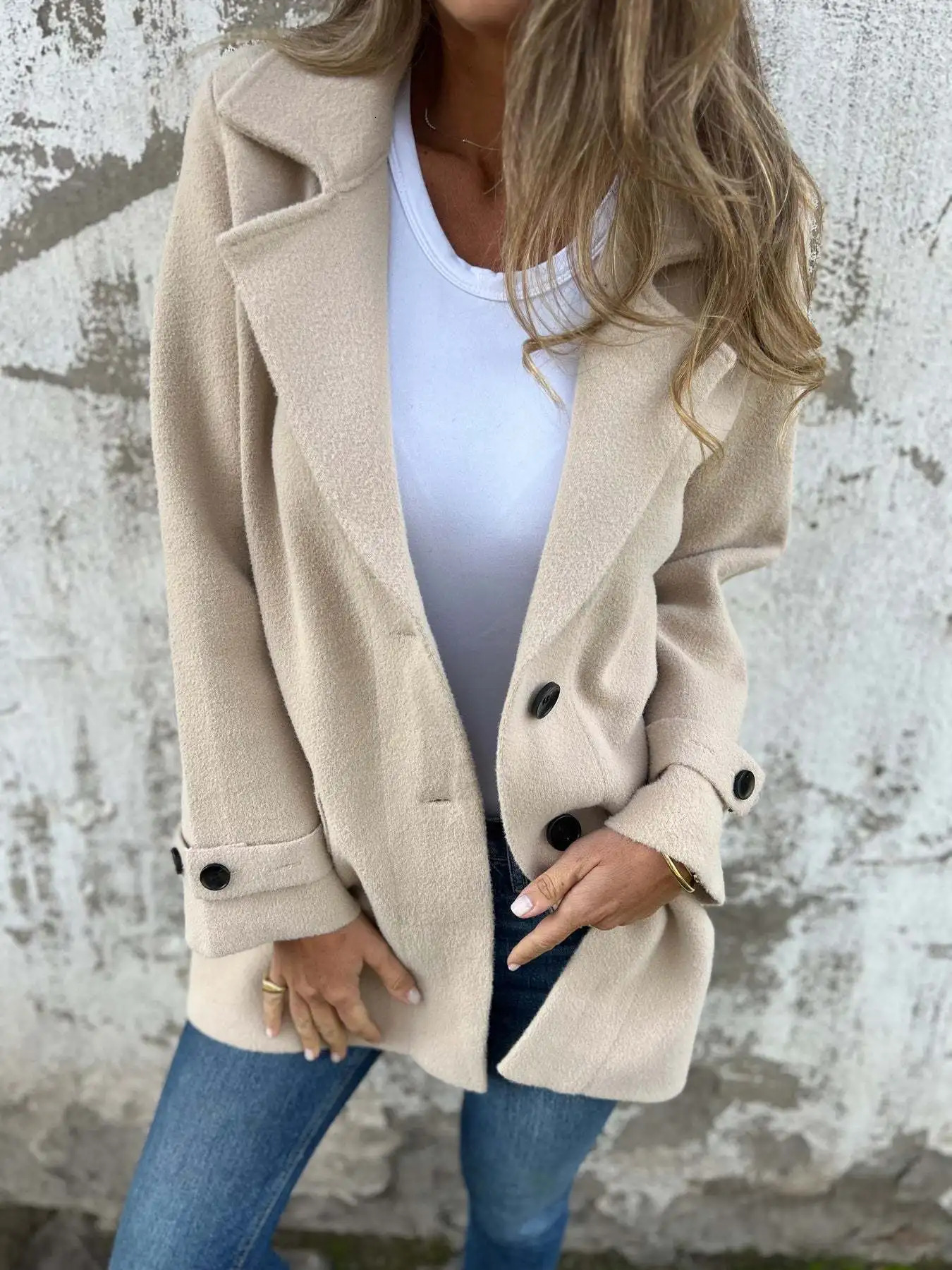 Autumn and winter 2024 womens wool jacket casual loose lapel false pocket cardigan 241121