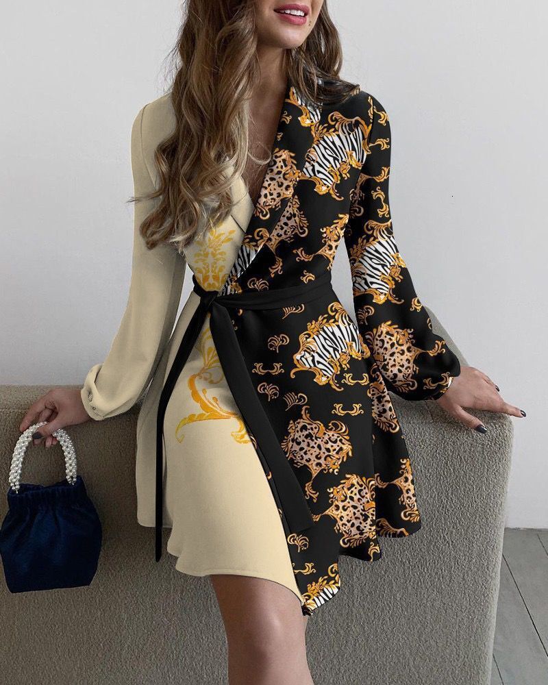 Women's 2024 Spring And Autumn Flower Print Polo Collar Long Sleeve Lace Up Waist Dress